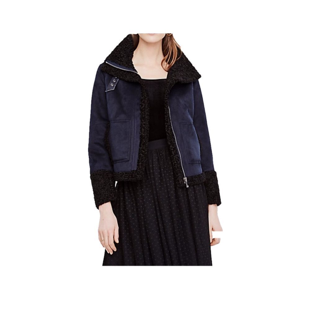 Ann Taylor NWOT Coat Blue Black Suede Sherpa Collar‎ Size 16